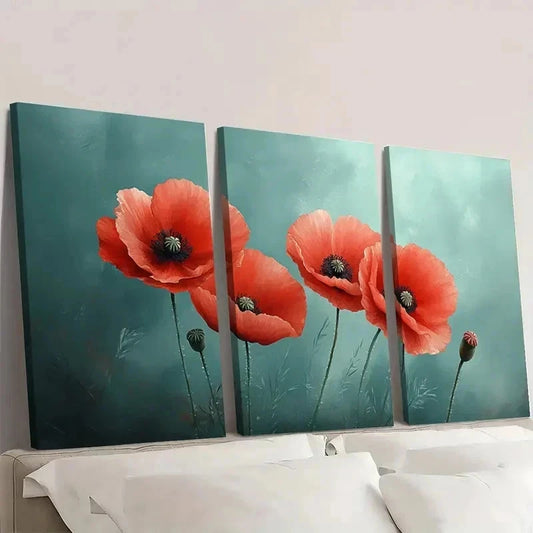 3pcs Poppy Flower Floral FU Wall Art Set Canvas Framed 50x70cm - High Quality Print 100% Australian Made Wall Canvas Ready to Hang