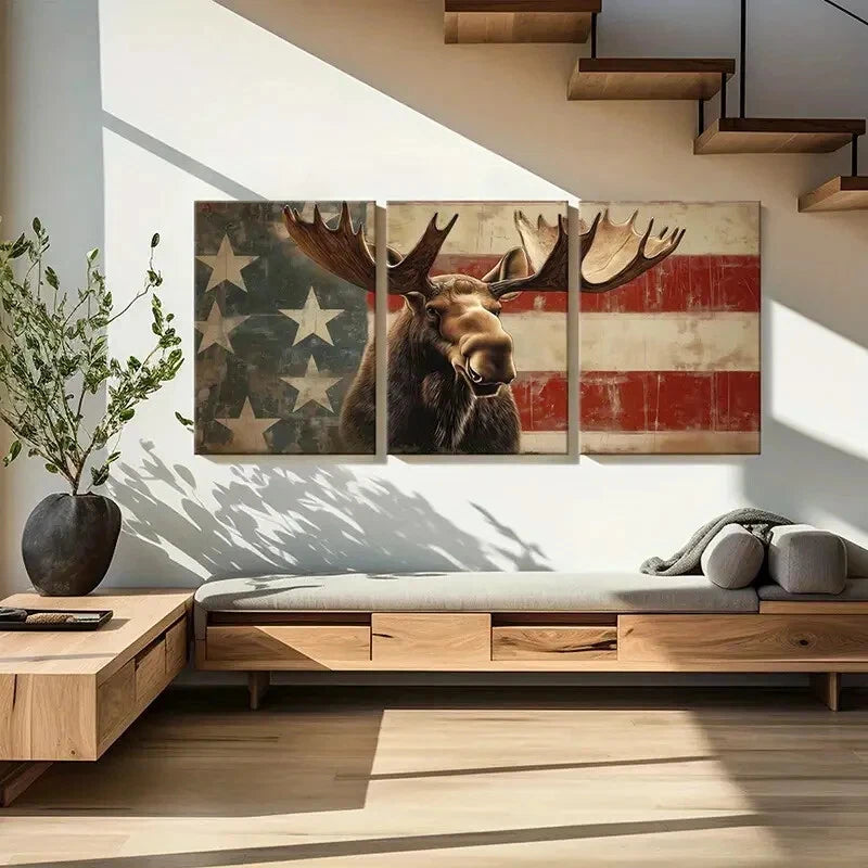 3pcs American Flag Moose Art Rustic Wildlife Metal Print Ready to Hang Art - Bella Home Decor