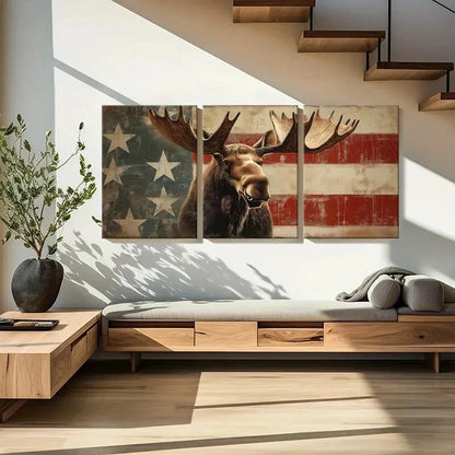 3pcs American Flag Moose Art Rustic Wildlife Metal Print Ready to Hang Art - Bella Home Decor