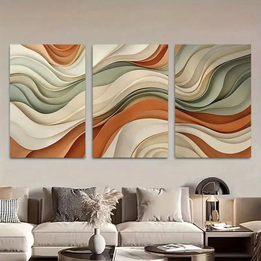 3pcs Beige Terracotta and Green Wave Wall Art Metal Print Ready to Hang Art