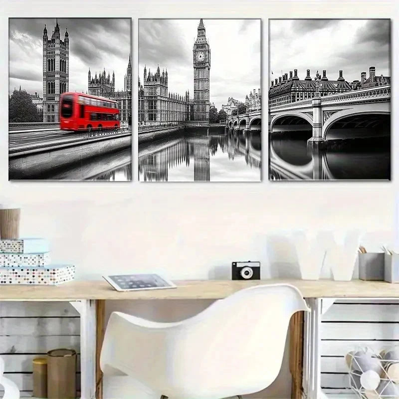 3pcs lack and White Big Ben and Red Bus Landscape Metal Print Ready to Hang Art