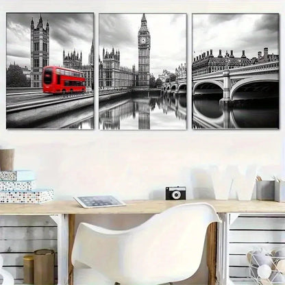 3pcs lack and White Big Ben and Red Bus Landscape Metal Print Ready to Hang Art