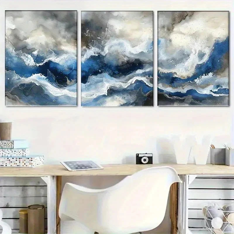 3pcs Blue and White Fluid Art Set Portrait Metal Print Ready to Hang Art - Bella Home Decor