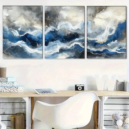 3pcs Blue and White Fluid Art Set Portrait Metal Print Ready to Hang Art - Bella Home Decor