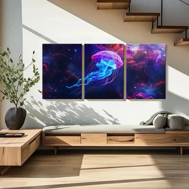 3pcs Vibrant Neon Jellyfish & Cosmic Wall Art Set Canvas Framed 50x70cm - High Quality Print 100% Australian Made Wall Canvas Ready to Hang - Bella Home Decor