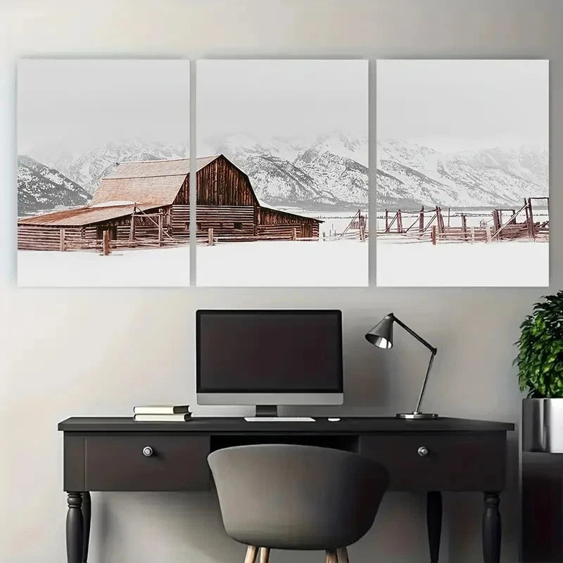 3pcs Rustic Snow Barn Winter Scene Metal Print Ready to Hang Art