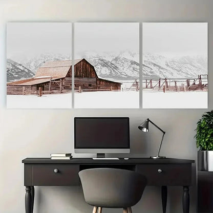 3pcs Rustic Snow Barn Winter Scene Metal Print Ready to Hang Art