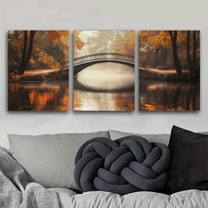 3pcs Autumn Bridge Mist Painting Style Art Set Canvas Framed 50x70cm - High Quality Print 100% Australian Made Wall Canvas Ready to Hang