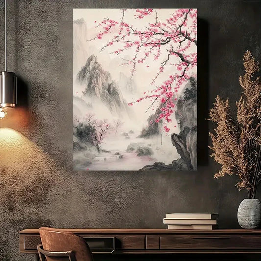 Beautiful Cherry Blossom Serenity Mountain Painting 40x60cm Metal Print Ready to Hang