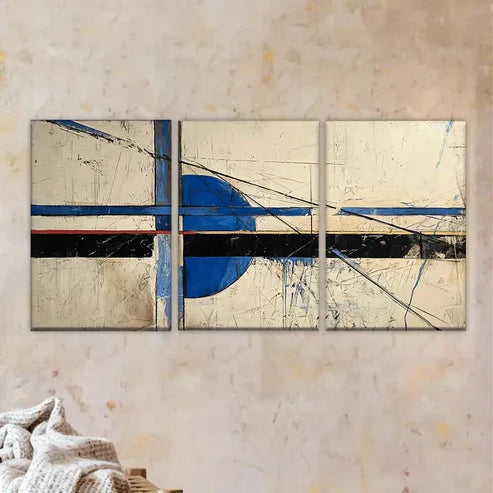 3pcs A painting with blue and white lines Wall Art Set Canvas Unframed - High Quality Print 100% Australian Made Wall Canvas