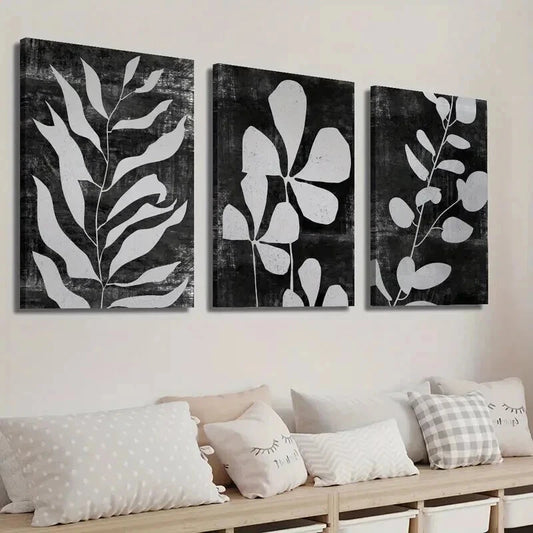 3pcs Black and White Abstract Leaf Botanical Wall Art Set Canvas Framed 60x90cm - High Quality Print 100% Australian Made Wall Canvas Ready to Hang
