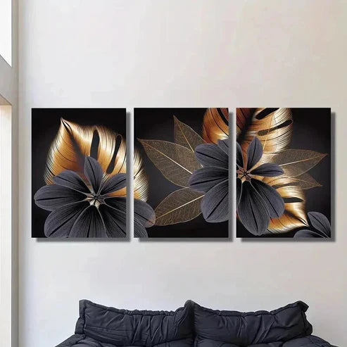 3pcs Golden Black Monstera Plant Leaf Wall Art Set Canvas Unframed - High Quality Print 100% Australian Made Wall Canvas