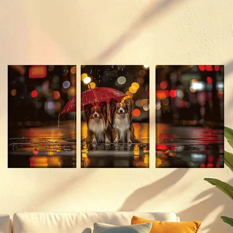 3pcs Dog Couple in The Rain Wall Art Set Canvas Framed 50x70cm - High Quality Print 100% Australian Made Wall Canvas Ready to Hang - Bella Home Decor