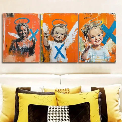 3pcs Abstract Angel Trio, Orange & Blue Accent Wall Art Set Canvas Unframed - High Quality Print 100% Australian Made Wall Canvas