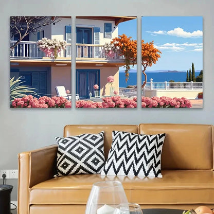 3pcs Floral House With Coastal Scenery Wall Art Set Canvas Framed 40x60cm - High Quality Print 100% Australian Made Wall Canvas Ready to Hang