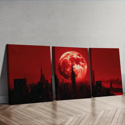 3pcs Big Red Moon Cityscape Wall Art Set Canvas Framed 40x60cm - High Quality Print 100% Australian Made Wall Canvas Ready to Hang