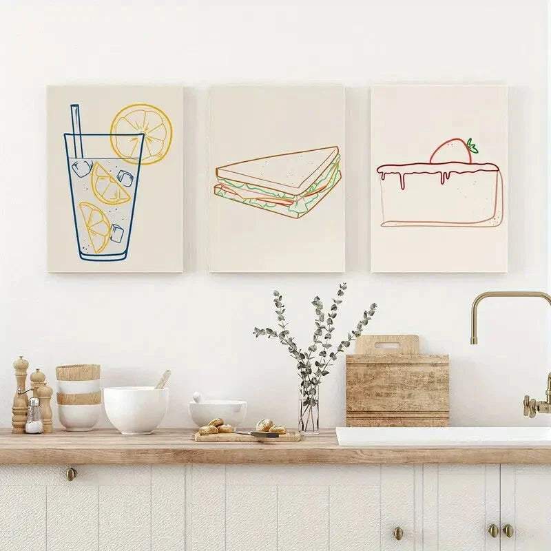 3pcs Kitchen Doodle and kitchen Dining Metal Print Ready to Hang Art