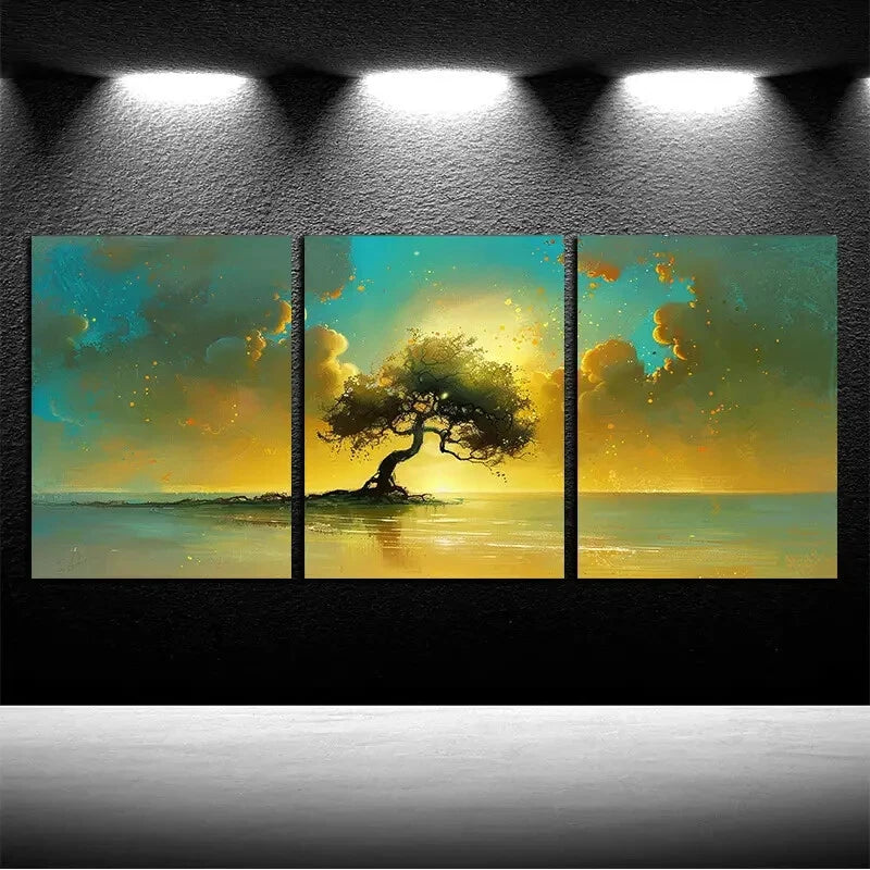 3pcs Vibrant Sunset Tree by the Lake Scene Metal Print Ready to Hang Art