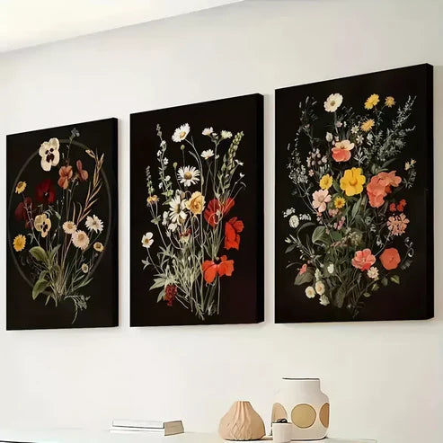 3pcs Vintage flowers, Moody Gothic Natural Wall Art Set Wall Art Canvas Unframed - High Quality Print 100% Australian Made Wall Canvas