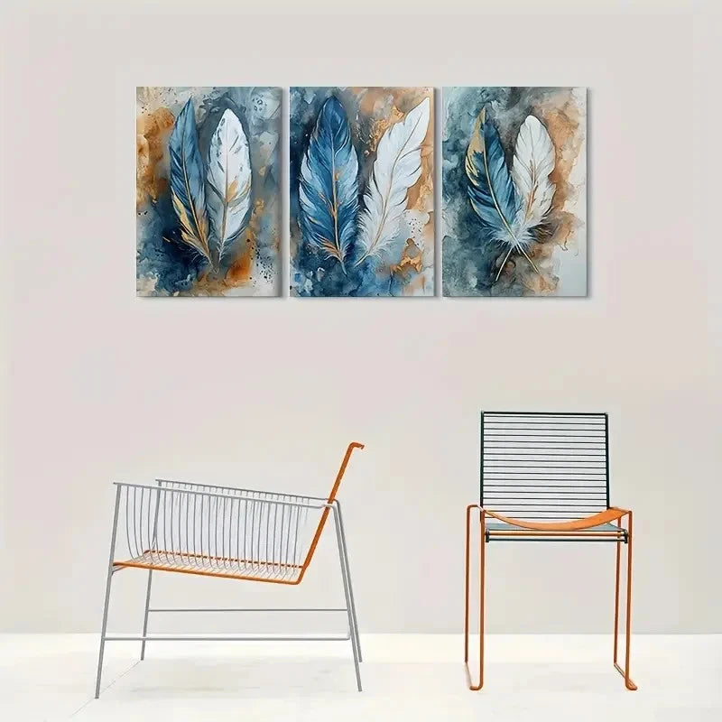 3pcs Blue & White Feathers on Golden Metal Print Ready to Hang Art - Bella Home Decor