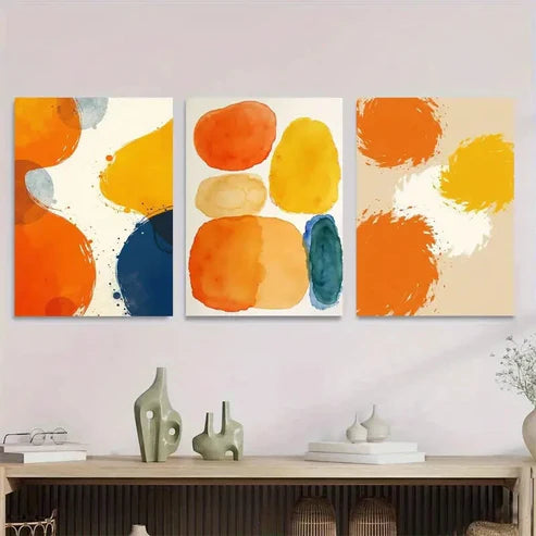 3pcs Vibrant Abstract Watercolor Orange, Blue Art Set Canvas Unframed - High Quality Print 100% Australian Made Wall Canvas