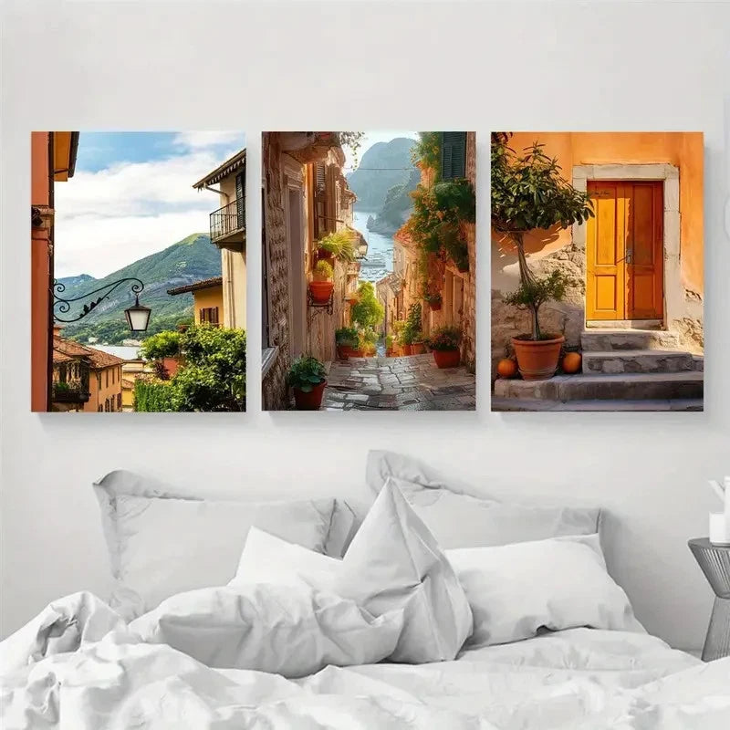 3pcs Malta Scenes Olive Tree & Coastal View Metal Print Ready to Hang Art - Bella Home Decor