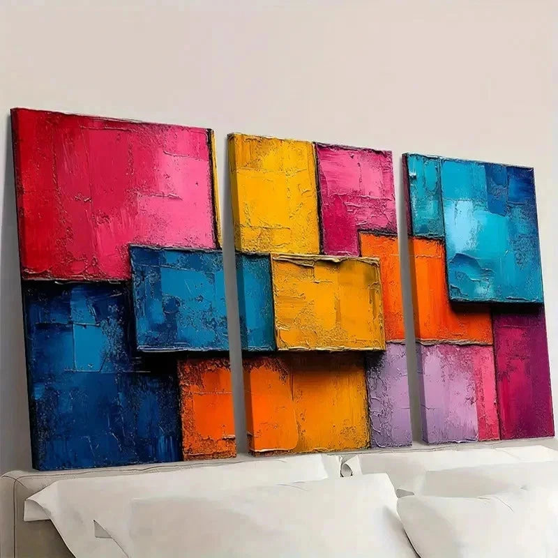 3pcs Abstract Colorful Block Oil Painting ET   Wall Art Set Canvas Framed 50x70cm - High Quality Print 100% Australian Made Wall Canvas Ready to Hang - Bella Home Decor