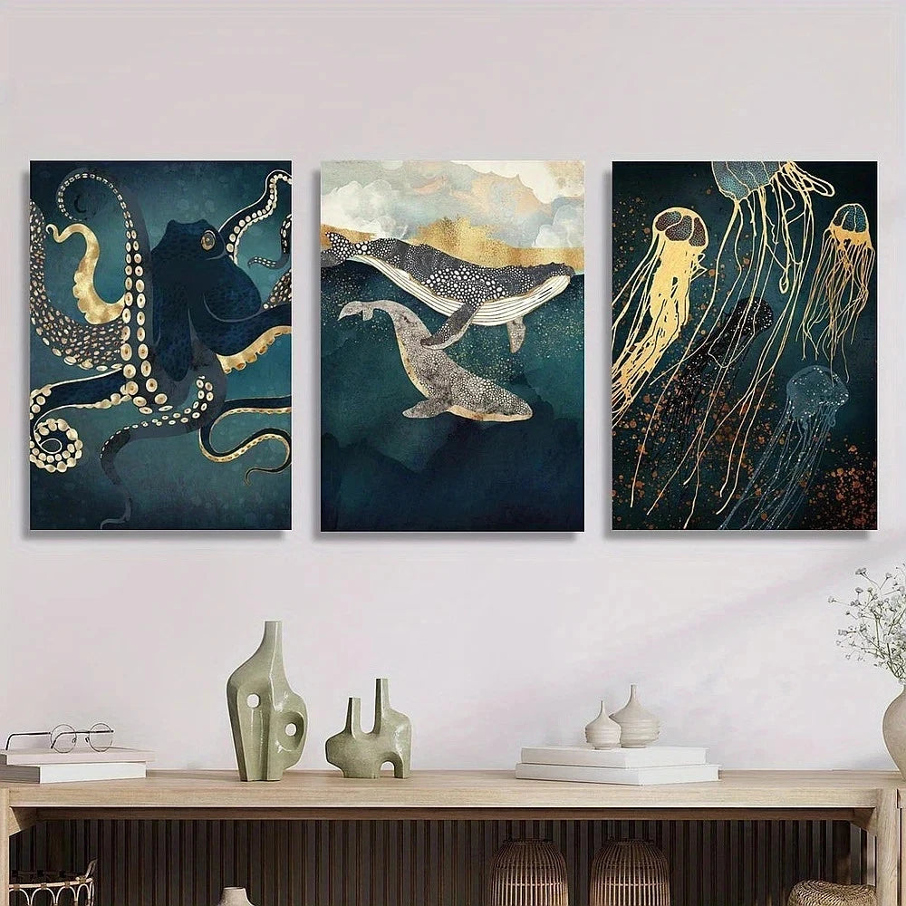 Three ocean-themed paintings on a wall above a wooden console table with decorative items.
