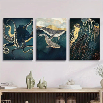 Three ocean-themed paintings on a wall above a wooden console table with decorative items.