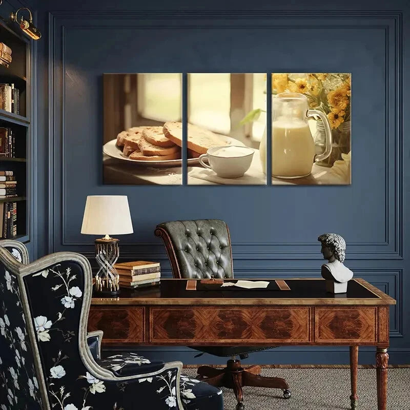 3pcs Warm Breakfast Golden Sunlight Fresh Bread Metal Print Ready to Hang Art - Bella Home Decor