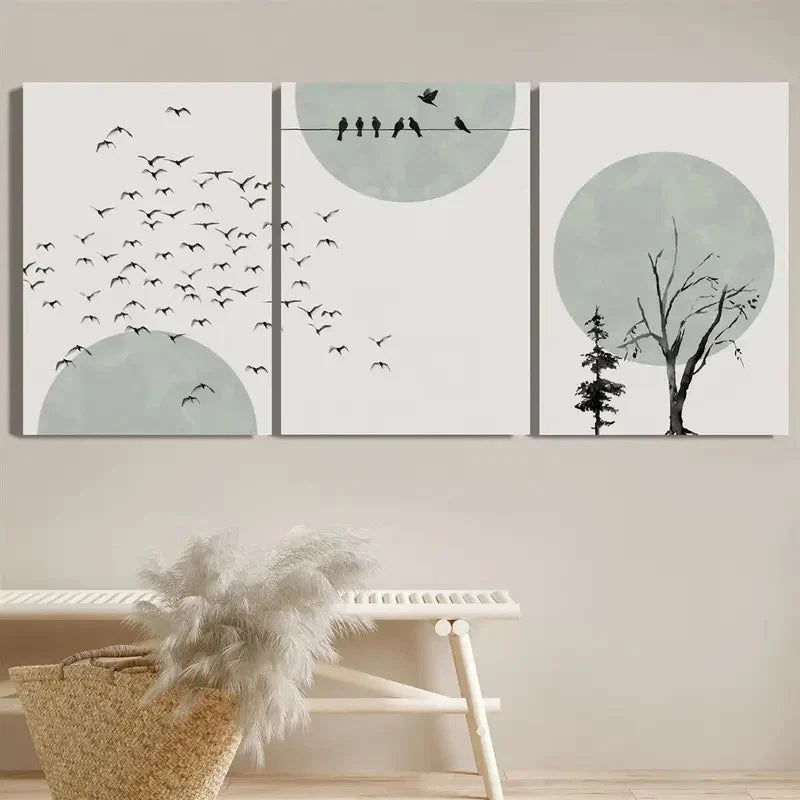 3pcs Abstract Bird Flock & Plant Tree Design Metal Print Ready to Hang Art - Bella Home Decor