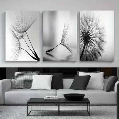 3pcs Dandelion Flower Black & White  Art Set Canvas Unframed - High Quality Print 100% Australian Made Wall Canvas - Bella Home Decor