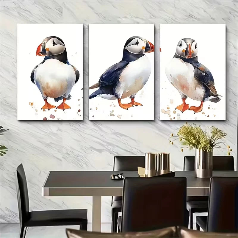 3pcs Puffin Birds Watercolor Metal Print Ready to Hang Art