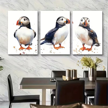 3pcs Puffin Birds Watercolor Metal Print Ready to Hang Art