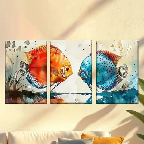 3pcs Two Fish in Watercolors Wall Art Canvas Unframed - High Quality Print 100% Australian Made Wall Canvas