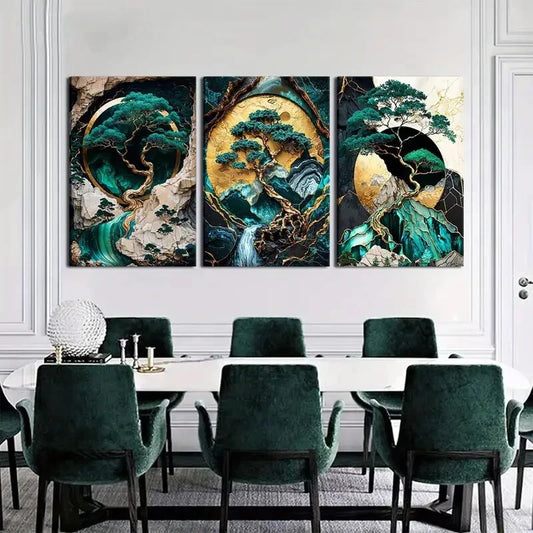 3pcs green and Golden landscape oil paintings Metal Print Ready to Hang Art