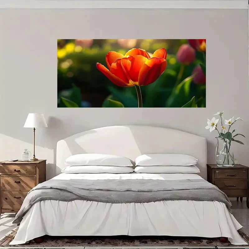 Red Orange Tulip Green Foliage Wall Art Canvas Office Home Room Framed 120x60cm