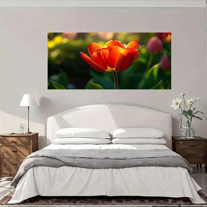 Red Orange Tulip Green Foliage Wall Art Canvas Office Home Room Framed 120x60cm