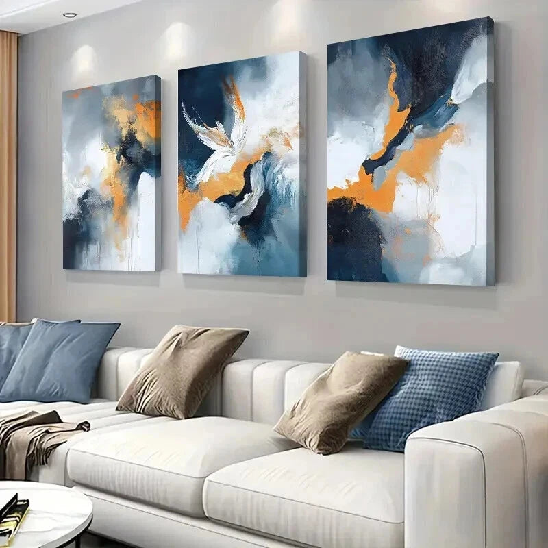 3pcs Blue White And Golden Fluid Paintings Wall Art Set Canvas Framed 40x60cm - High Quality Print 100% Australian Made Wall Canvas Ready to Hang - Bella Home Decor