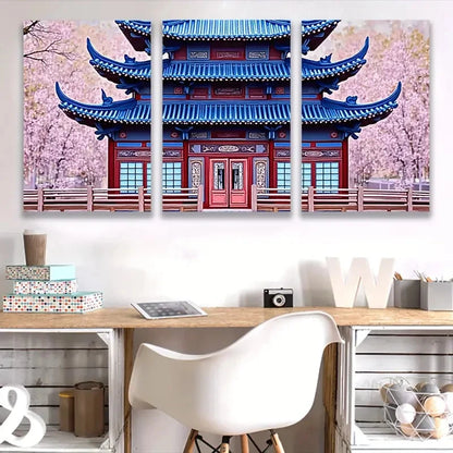 3pcs Red And Blue Pagoda I  Wall Art Set Canvas Framed 40x60cm - High Quality Print 100% Australian Made Wall Canvas Ready to Hang