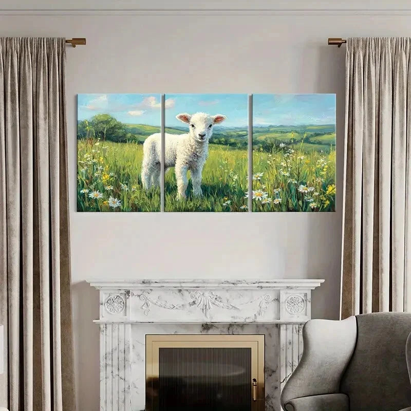 3pcs Landscape Lamb Pastoral Spring Meadow Metal Print Ready to Hang Art - Bella Home Decor