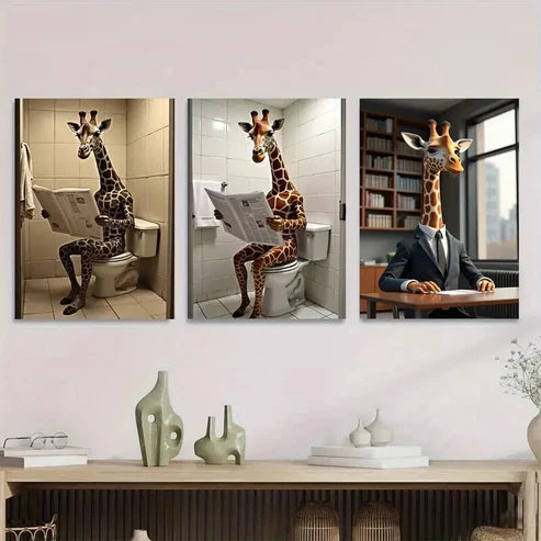 3pcs Giraffe Reading Newspapers Modern & Classic Wall Art Set Canvas Unframed - High Quality Print 100% Australian Made Wall Canvas - Bella Home Decor
