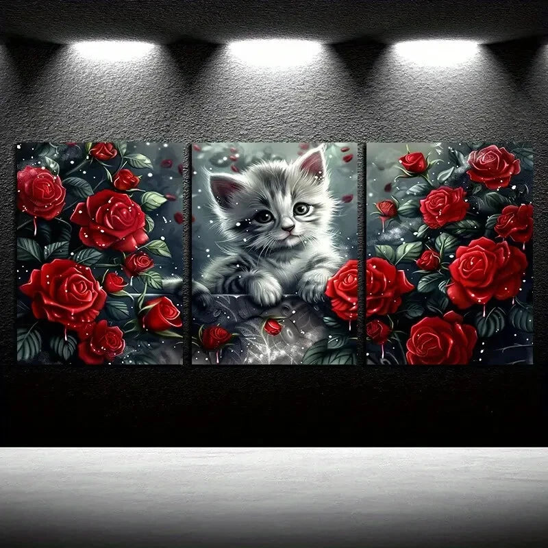3pcs Charming Cat in Rose Garden Metal Print Ready to Hang Art - Bella Home Decor