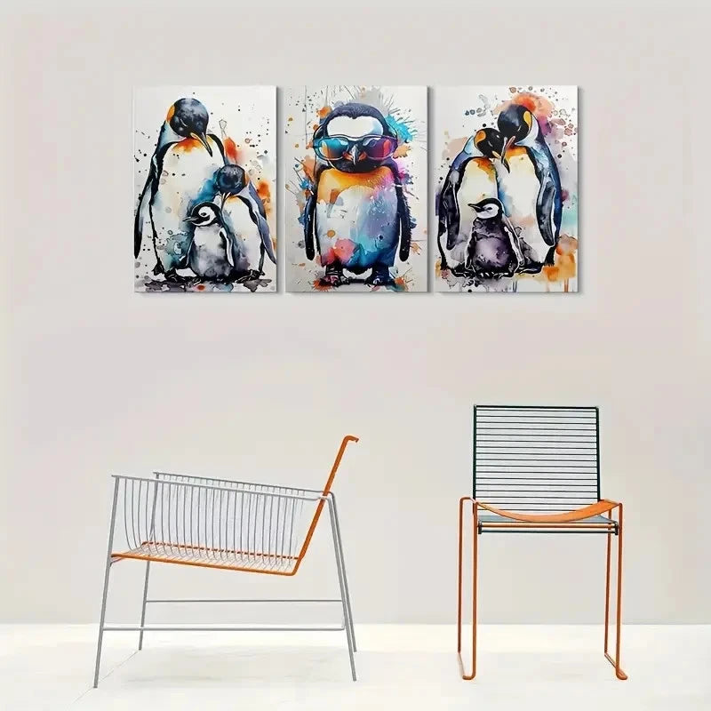 3pcs Colorful Penguin Family Blue Themed Metal Print Ready to Hang Art - Bella Home Decor