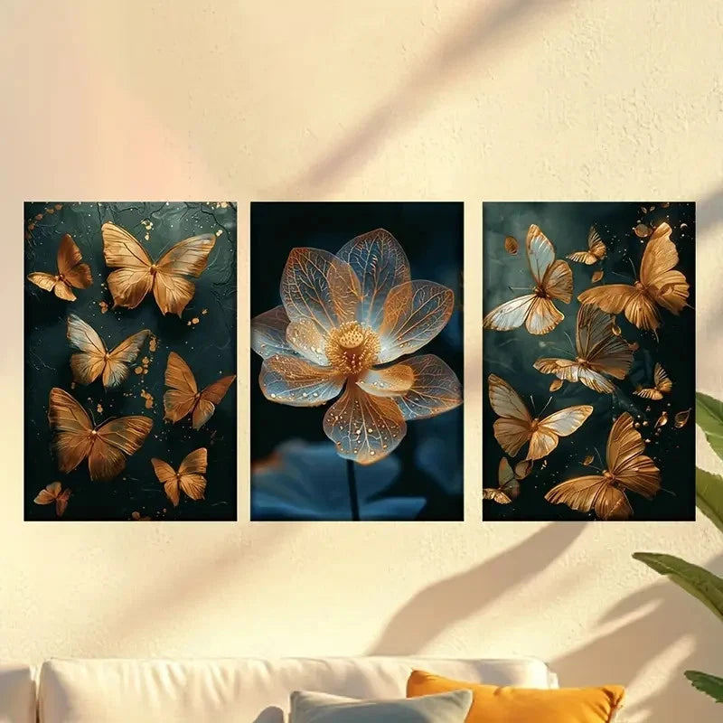 3pcs Golden Butterflies And Flowers Wall Art Set Canvas Framed 40x60cm - High Quality Print 100% Australian Made Wall Canvas Ready to Hang - Bella Home Decor