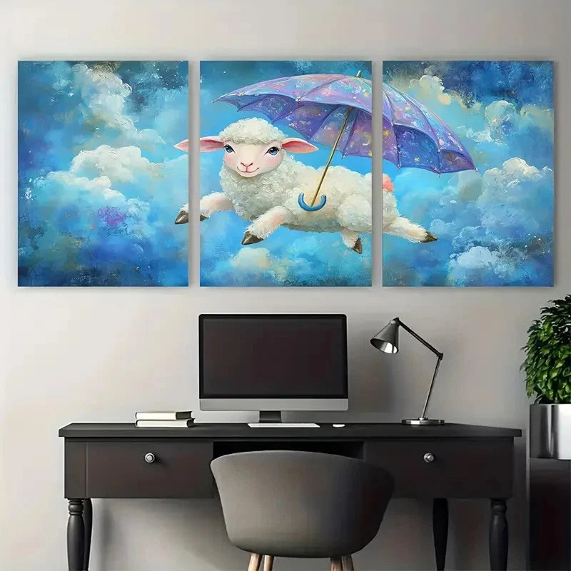 3pcs Flying Sheep with Umbrella Whimsical Design Wall Art Set Canvas Framed 40x60cm - High Quality Print 100% Australian Made Wall Canvas Ready to Hang - Bella Home Decor