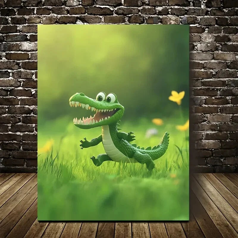 Cheerful Cartoon Crocodile In Lush Green 40x60cm Metal Print Ready to Hang - Bella Home Decor