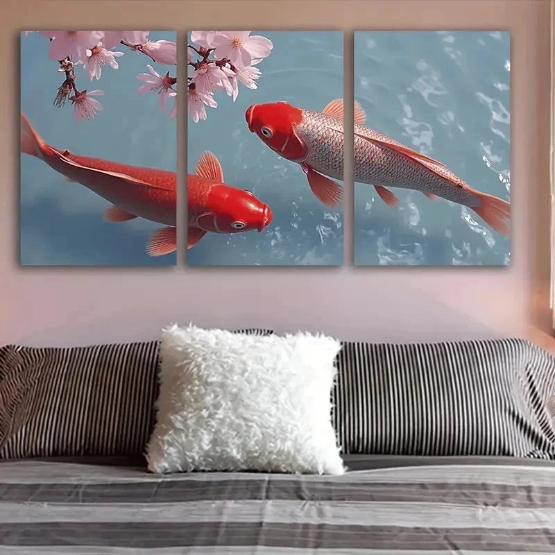 3pcs Red Koi Fish And Cherry Blossoms Wall Art Set Canvas Framed 60x90cm - High Quality Print 100% Australian Made Wall Canvas Ready to Hang