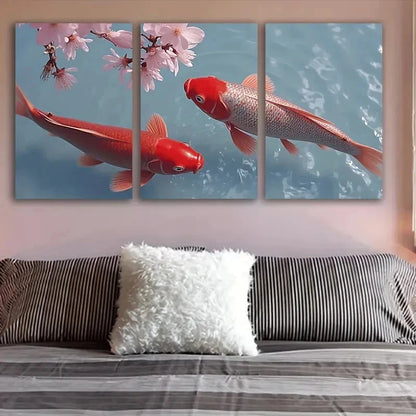 3pcs Red Koi Fish And Cherry Blossoms Wall Art Set Canvas Framed 60x90cm - High Quality Print 100% Australian Made Wall Canvas Ready to Hang
