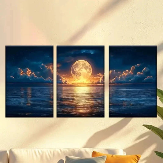 3pcs a full moon over the ocean with clouds Wall Art Set Canvas Framed 40x60cm - High Quality Print 100% Australian Made Wall Canvas Ready to Hang